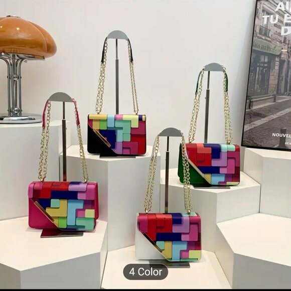 Mini Fashion Plaid Contrast Metal Chine Shoulder Strap Square Bag - Picture 3 of 3